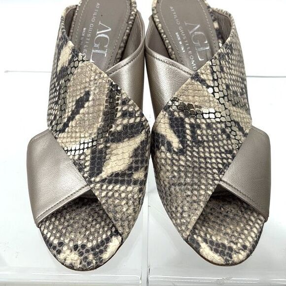 AGL Snakeskin‎ Peep Toe Slip-On Heeled Strappy Sandal Brown Gold 38.5/8 - Picture 3 of 11